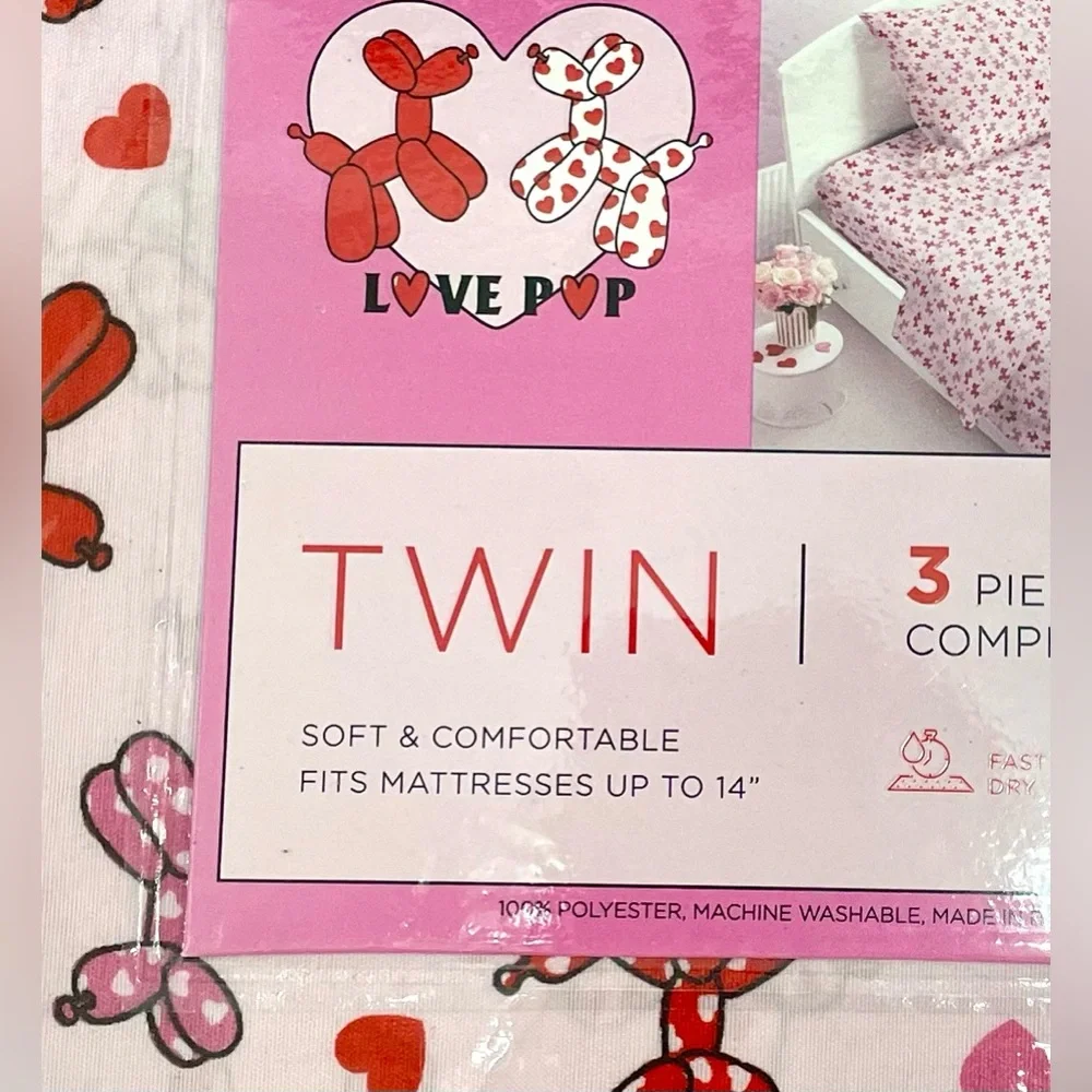 Deep Pocket Balloon-Pups Hearts 3-pc Twin Sheet Set Pink Red Pup Puppies Dog NIP